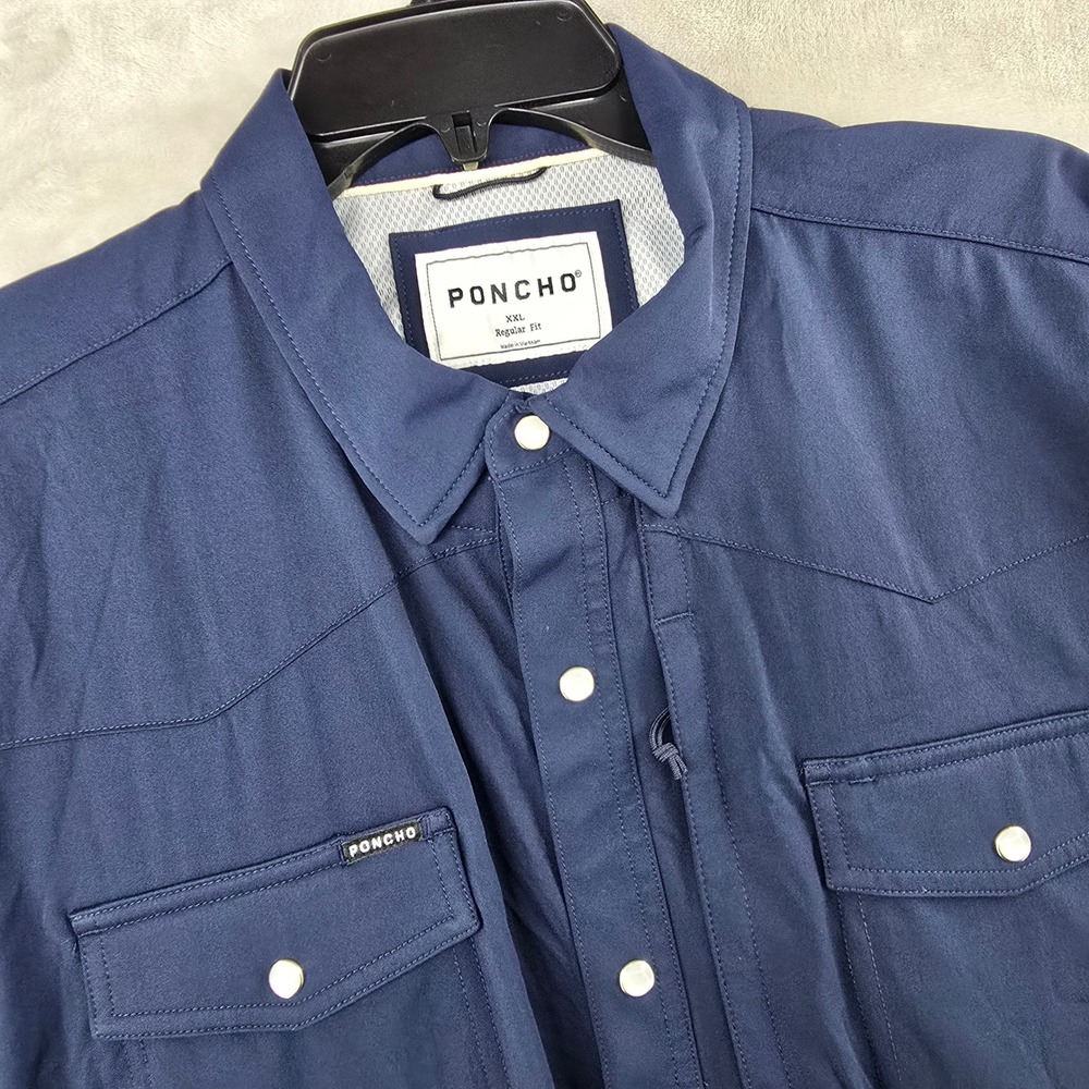 Poncho Shirt Mens XXL Navy Blue Western Pearl Snap Short Sleeve Performance
